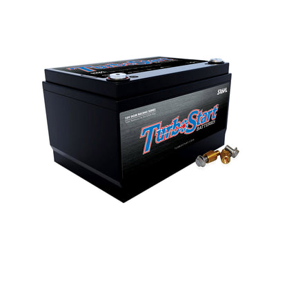 A black TurboStart 16Volt Light Weight AGM Racing Series Battery with a label and the brand name visible.
