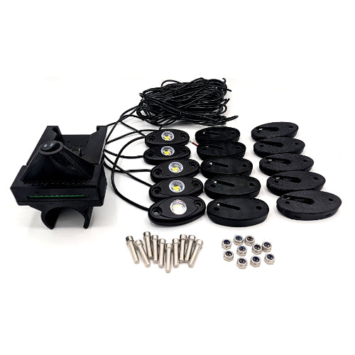 A set of black LED underwater light strips with a mounting bracket, wiring harness, round mounting plates, and silver screws and nuts on a white background.