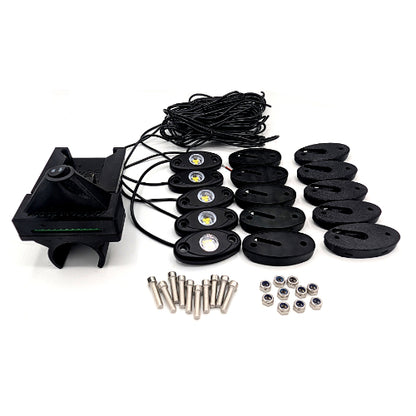 A set of black LED underwater light strips with a mounting bracket, wiring harness, round mounting plates, and silver screws and nuts on a white background.