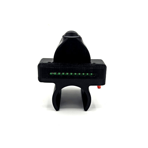 A black plastic 3D-printed sight adapter or mount with a green LED strip visible on the front and a small red switch on the right side, shown against a plain white background.