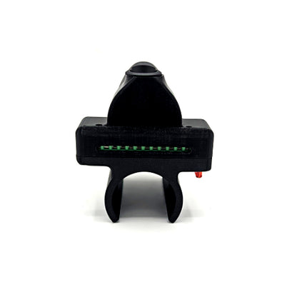 A black plastic 3D-printed sight adapter or mount with a green LED strip visible on the front and a small red switch on the right side, shown against a plain white background.