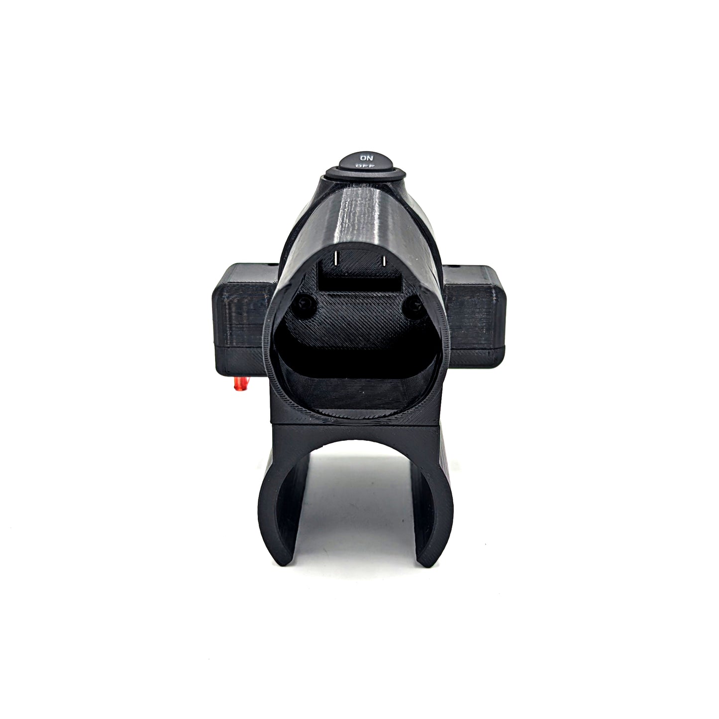 A black plastic cylindrical device with a textured finish, featuring a top button labeled 'POWER ON' and side mounting brackets, shown against a plain white background.
