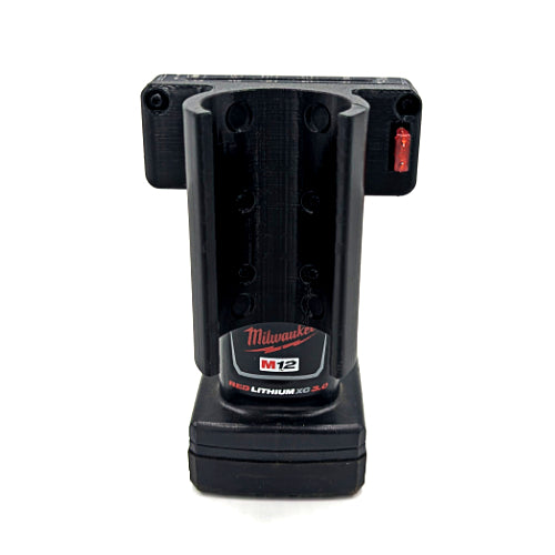 A black Milwaukee M12 cordless battery pack photographed upright against a plain white background.