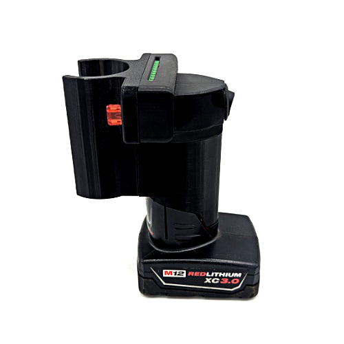 A black 12V REDLITHIUM XC-3.0 cordless battery pack with a built-in battery clip, shown on a plain white background.