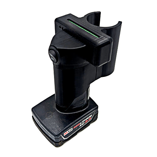 A black 3D-printed accessory designed to fit and hold a cordless tool battery, shown on a plain white background. The battery features a visible 'RED POWER LITHIUM ION' label.
