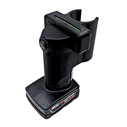 A black 3D-printed accessory designed to fit and hold a cordless tool battery, shown on a plain white background. The battery features a visible 'RED POWER LITHIUM ION' label.