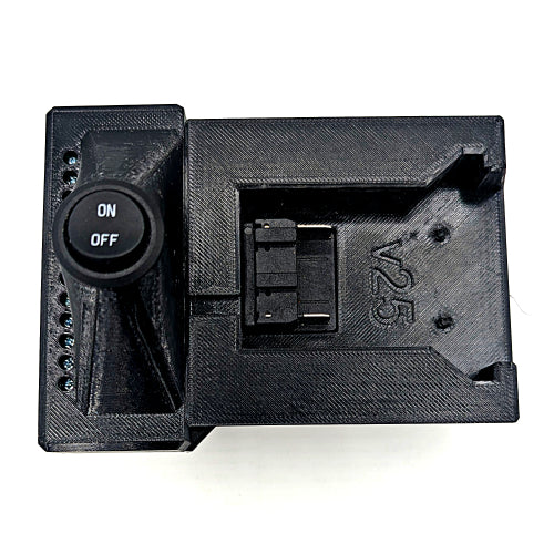 A black 3D-printed electrical switch module with a round ON/OFF toggle button and a side terminal block, shown on a white background.