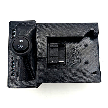 A black 3D-printed electrical switch module with a round ON/OFF toggle button and a side terminal block, shown on a white background.