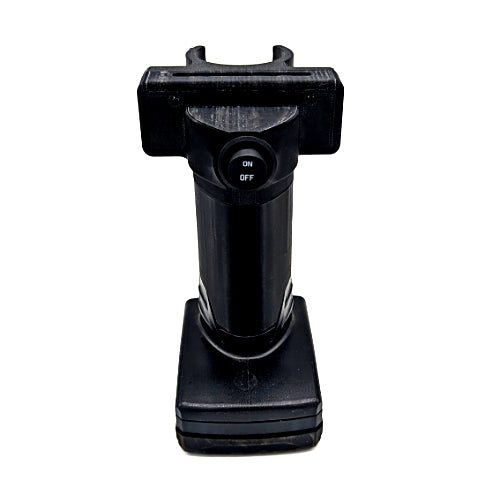 A black plastic handheld electronic device, likely a barcode scanner or terminal, featuring a top-mounted bracket and a central power switch labeled 'ON OFF'.