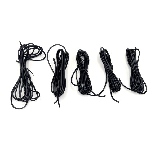 Five coiled lengths of black elastic cord or shoelace arranged in a row on a plain white background.