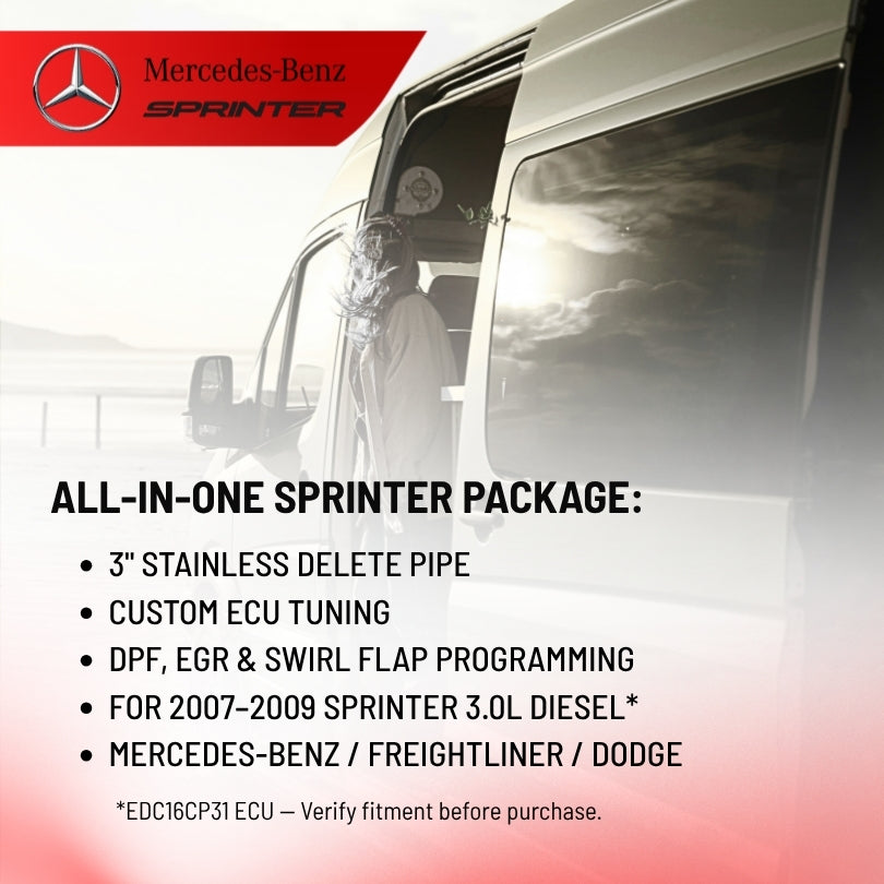 Mercedes-Benz Sprinter van with a list including items such as a 3-inch stainless delete pipe, custom ECU tuning, DPF, EGR & swirl flap programming, and compatibility with 2007-2009 Sprinter 3.0L
