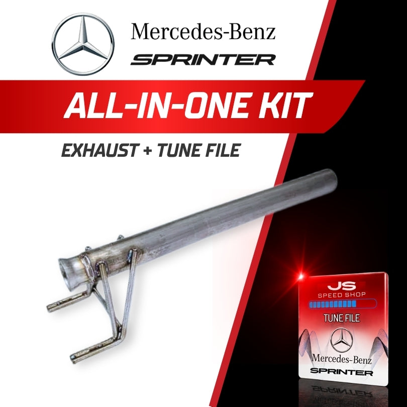 Mercedes-Benz Sprinter exhaust and tune file kit, featuring a stainless steel exhaust pipe with mounting brackets and a Mercedes-Benz Sprinter tune file