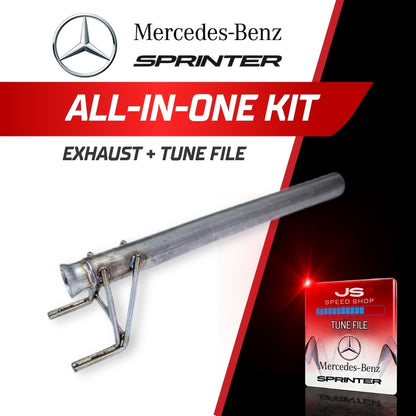 Mercedes-Benz Sprinter exhaust and tune file kit, featuring a stainless steel exhaust pipe with mounting brackets and a Mercedes-Benz Sprinter tune file