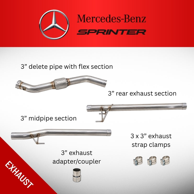Mercedes-Benz Sprinter exhaust system parts kit, showing a 3-inch delete pipe with flex section, rear exhaust section, midpipe section, exhaust adapter/coupler, and three exhaust strap clamps.