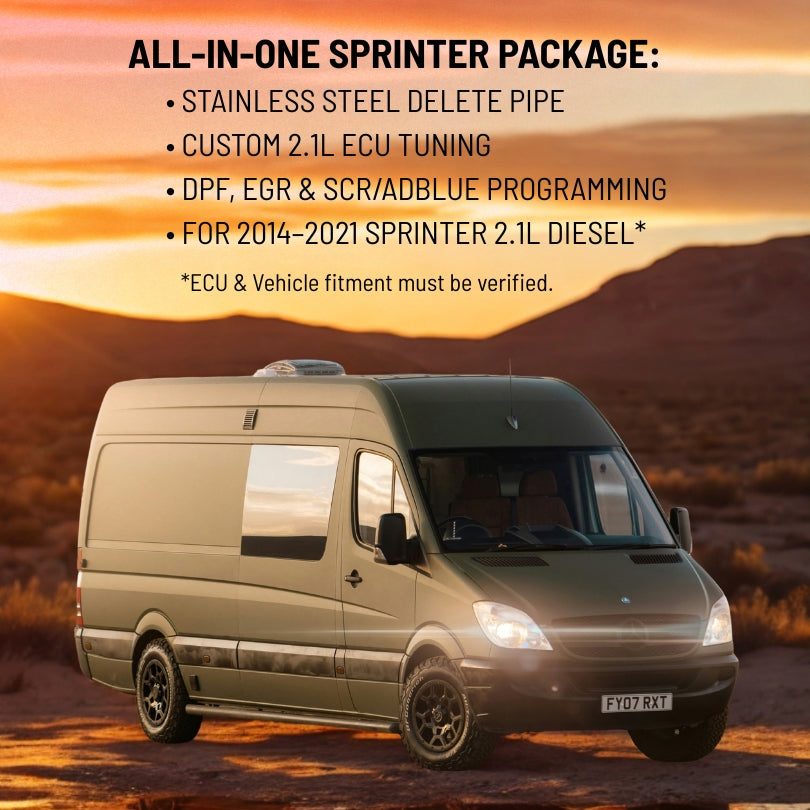 Sprinter van parked outdoors on a dirt road at sunset, with text at the top describing an all-in-one sprinker package including stainless steel delete pipe, custom 2.1L ECU tuning, DPF, EGR, SCR, and ADBlue programming.