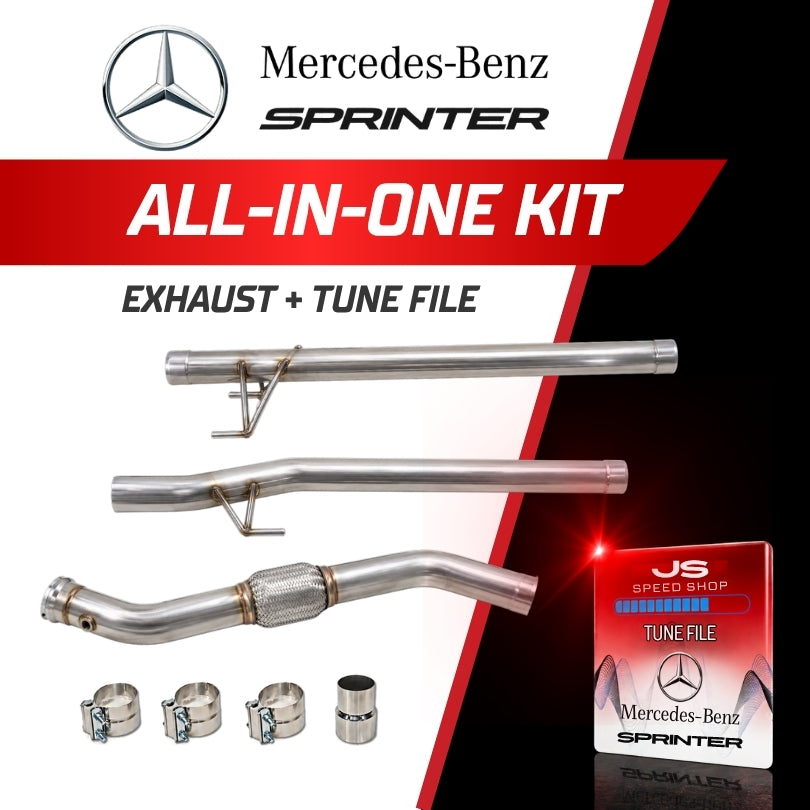 Mercedes-Benz Sprinter all-in-one exhaust and tune file kit, including stainless steel exhaust pipes, clamp fittings, and a JS Speed Shop tune file 