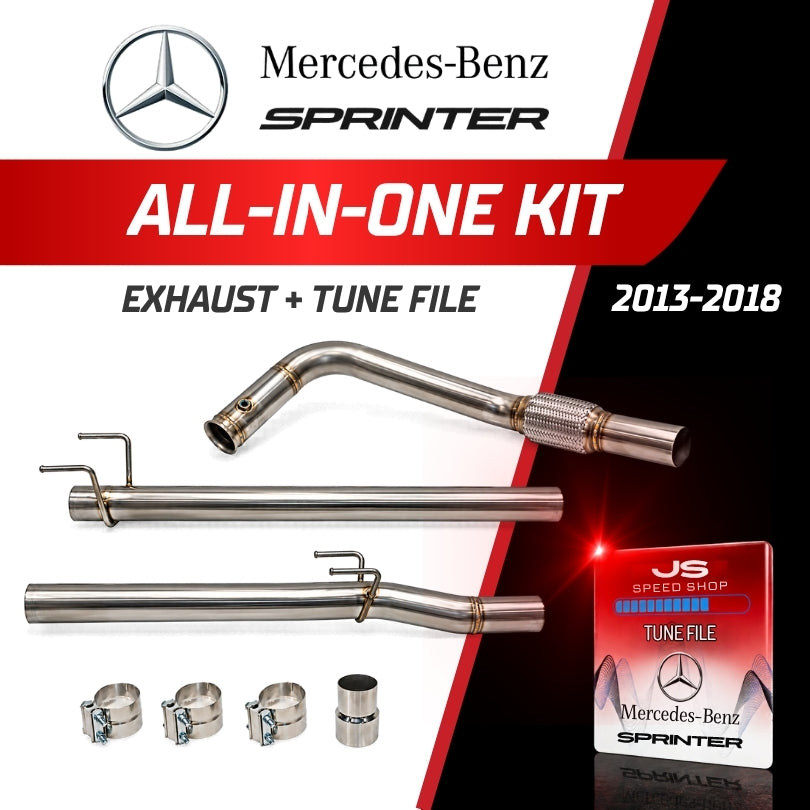 Mercedes-Benz Sprinter exhaust and tune file kit for 2013-2018 models, featuring stainless steel pipes, clamps, and a tune file package by JS Speed Shop.