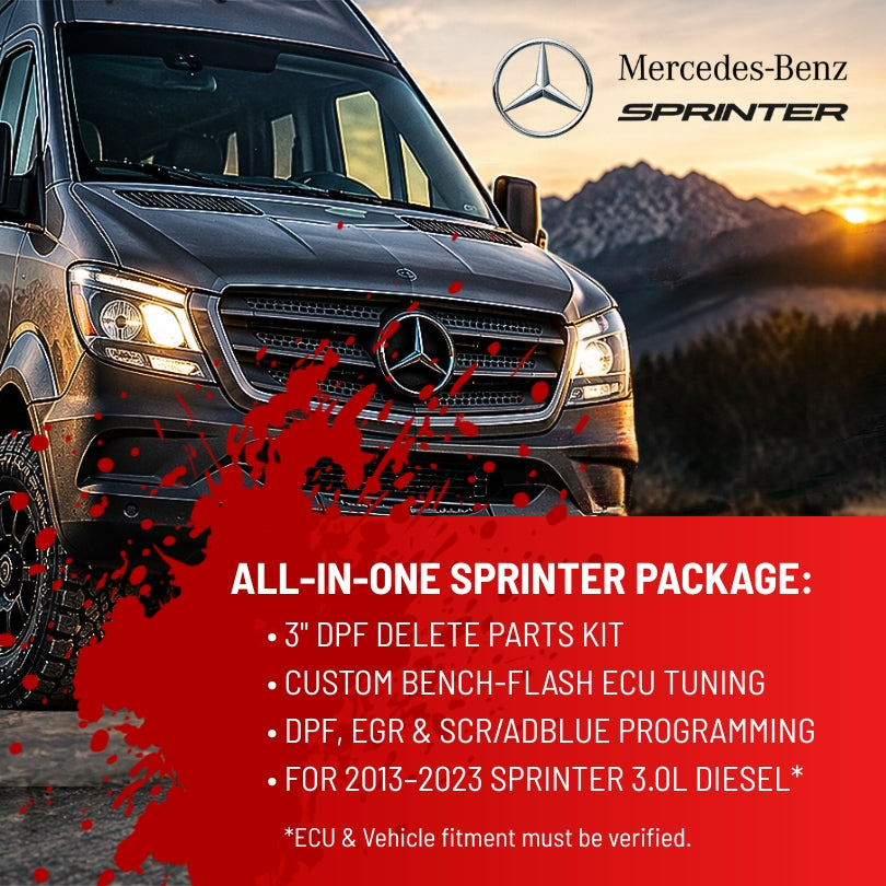 Mercedes-Benz Sprinter van against a mountain sunset background, with a large red text panel listing included ECU tuning and delete parts kit services.
