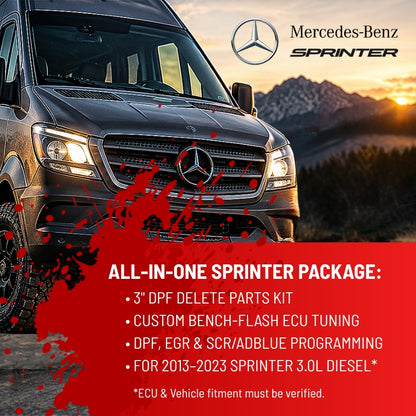 Mercedes-Benz Sprinter van against a mountain sunset background, with a large red text panel listing included ECU tuning and delete parts kit services.