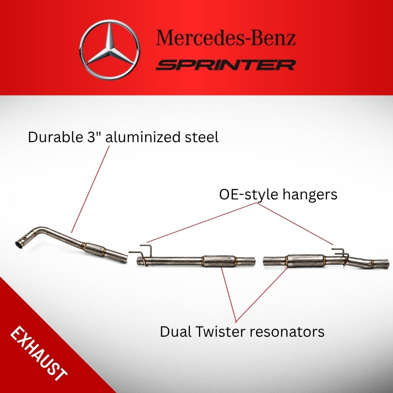 Mercedes-Benz Sprinter exhaust system diagram showing a 3-inch aluminized steel exhaust pipe with dual twister resonators and OE-style hangers, with text labels