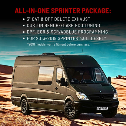 Mercedes Sprinter van parked on a desert dune landscape under a blue sky. Text at the top reads 'ALL-IN-ONE SPRINTER PACKAGE:' with bullet points about CAT exhaust, ECU tuning, and programming for a 2013-2018 Sprinter 3.0L
