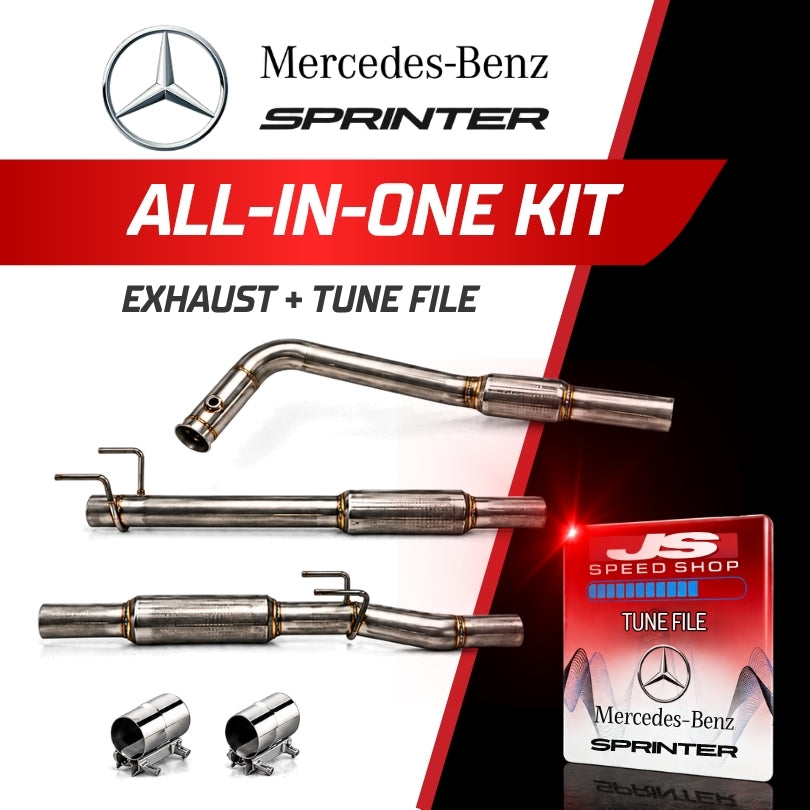 Mercedes-Benz Sprinter exhaust and tune file kit shown with exhaust pipes, couplings and a tune file