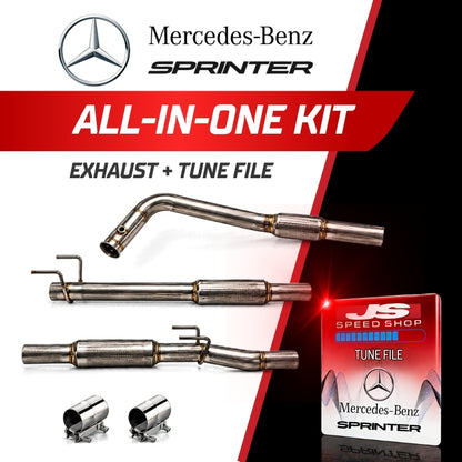 Mercedes-Benz Sprinter exhaust and tune file kit shown with exhaust pipes, couplings and a tune file