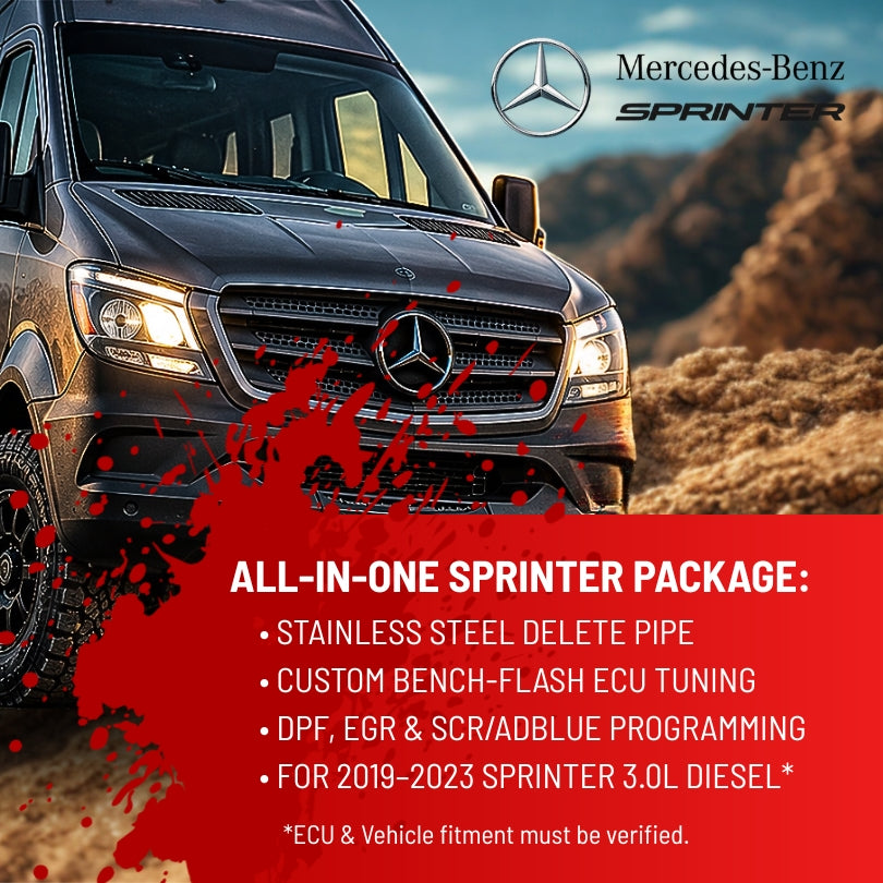 Mercedes-Benz Sprinter van in an outdoor rocky setting with a large red text block listing included modifications such as a stainless steel delete pipe, custom bench-flash ECU tuning, DPF, EGR & SCR/DBLP programming, and compatibility for 2019-2023 Sprinter 3.0L Diesel.