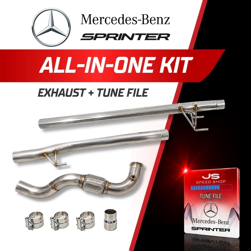 Mercedes-Benz Sprinter all-in-one exhaust and tune file kit, featuring stainless steel exhaust pipes, clamps, and a tune file 