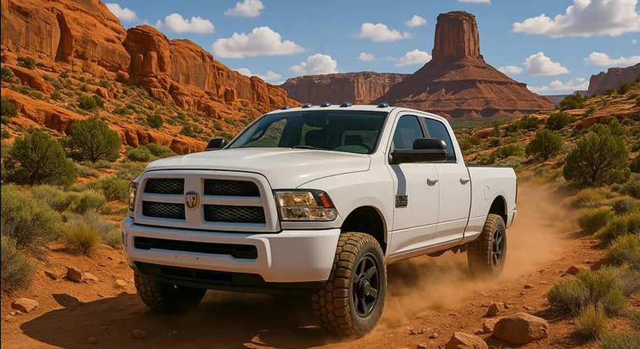 Ram Cummins truck with delete kit in off-roading in the desert