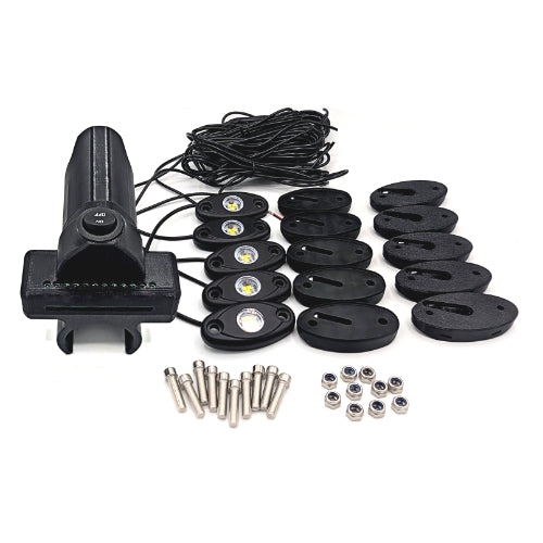 A black marine LED light kit with a main controller, multiple oval LED light units, black mounting plates, silver screws, and nuts, arranged on a white background.
