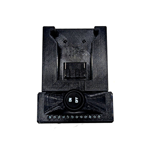 A black 3D-printed electronic device, likely a custom battery charger or adapter, featuring a central power button labeled '5V 4.5A' and multiple connection ports, shown on a plain white background.