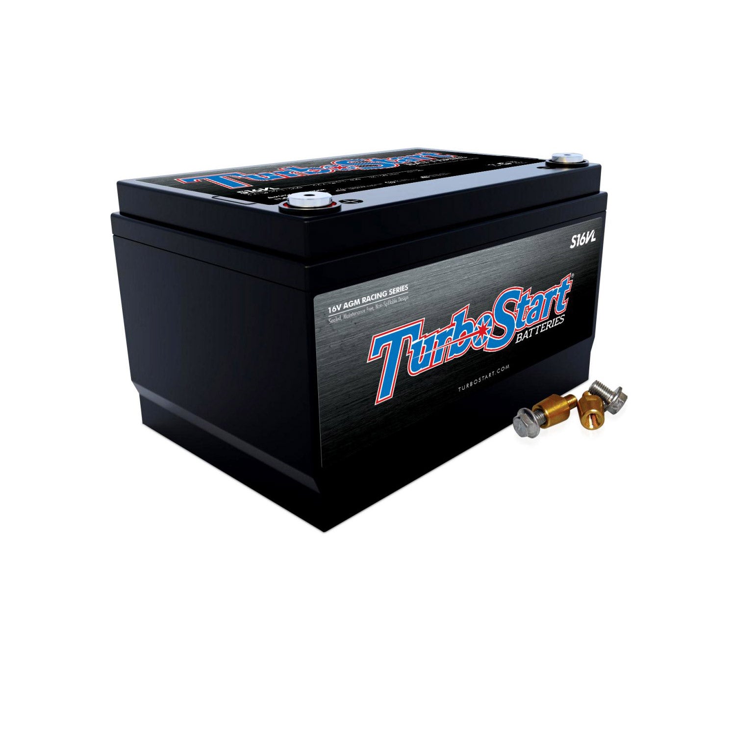 A black TurboStart 16Volt Light Weight AGM Racing Series Battery with a label and the brand name visible.
